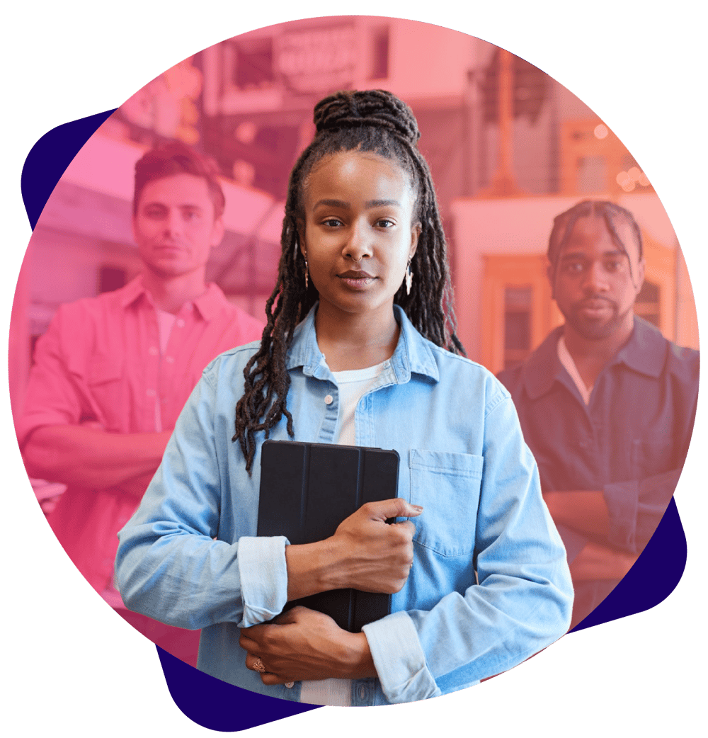 group of people with woman in foreground holding ipad group of people with woman in foreground holding ipad